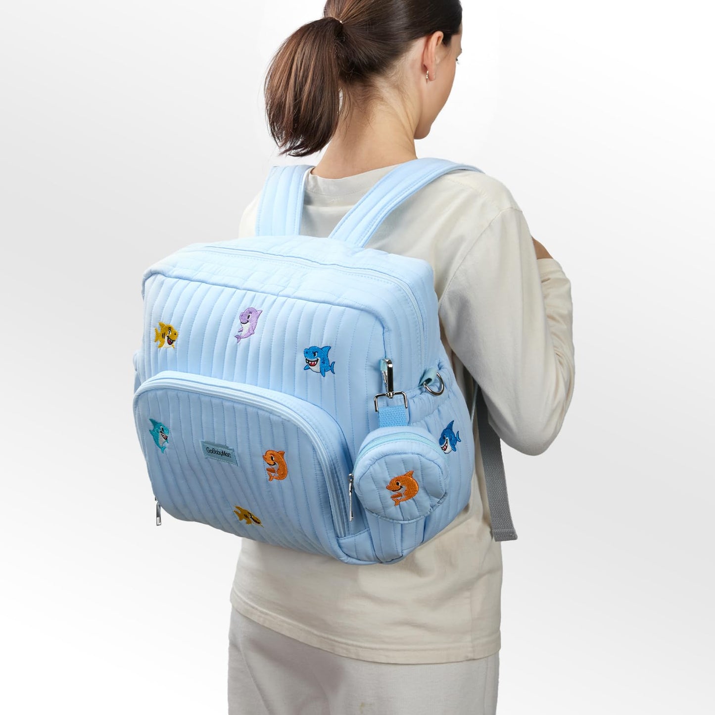 GOBABYMART - Mochila para pañales con cambiador, bolsa de viaje para bebé, bolsillos aislados para botellas, correas para carriola (mediano - tiburones azules)