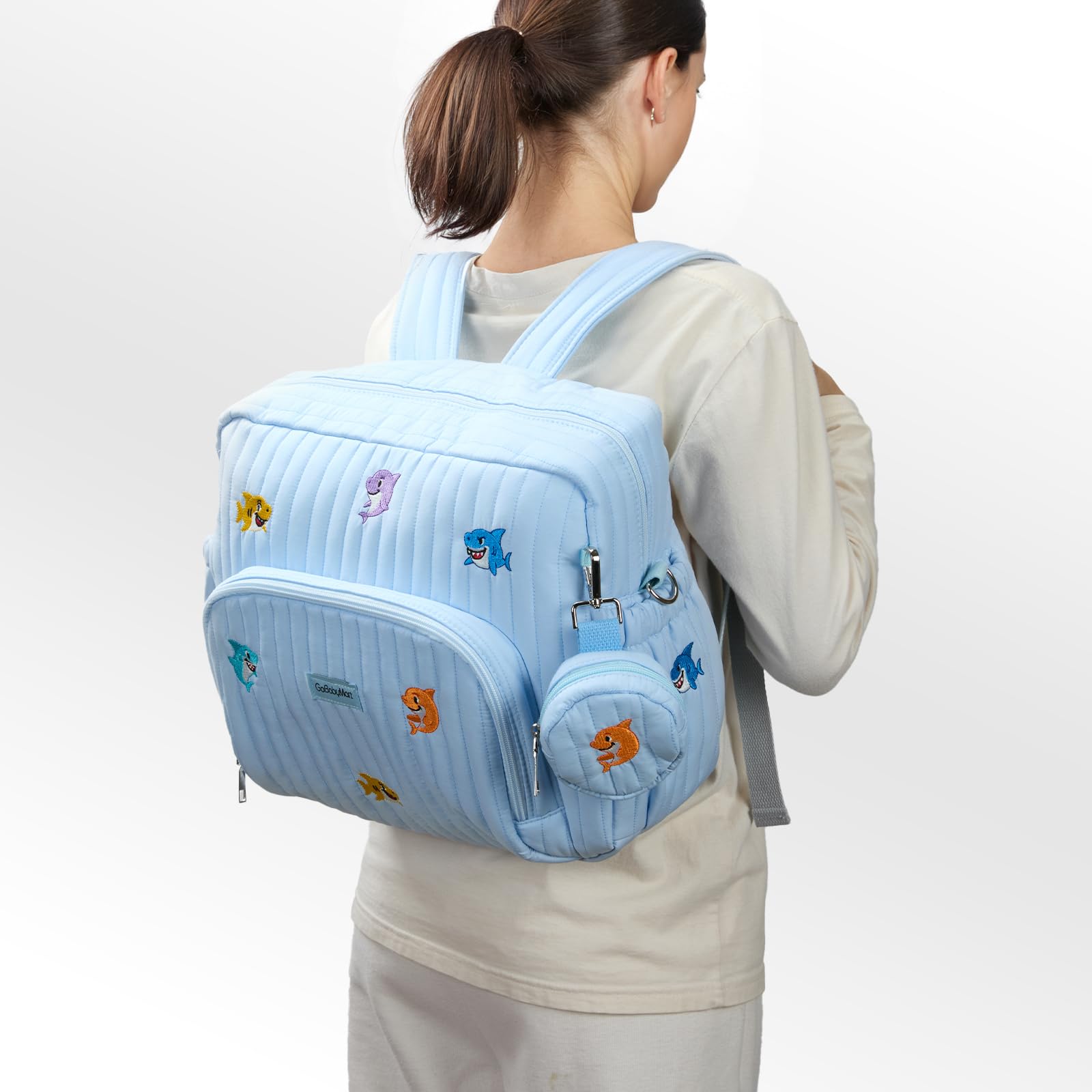 GOBABYMART - Mochila para pañales con cambiador, bolsa de viaje para bebé, bolsillos aislados para botellas, correas para carriola (mediano - tiburones azules)