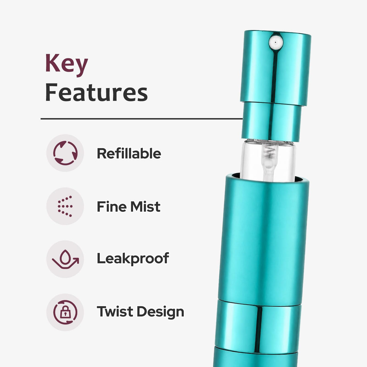 Lisapack - Botella atomizadora de perfume de 8 ml para viajes, dispensador de colonia recargable vacía, pulverizador portátil (cian)