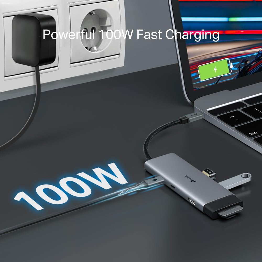 TP-Link Hub USB-C 7 en 1, HDMI 4K 60Hz, PD 100W, SD/microSD, Puertos USB-C 5Gbps y 2× USB-A, Plug & Play, Compatible con MacOS, Windows, Linux, iPadOS, iOS, Android, ChromeOS (UH7020C)