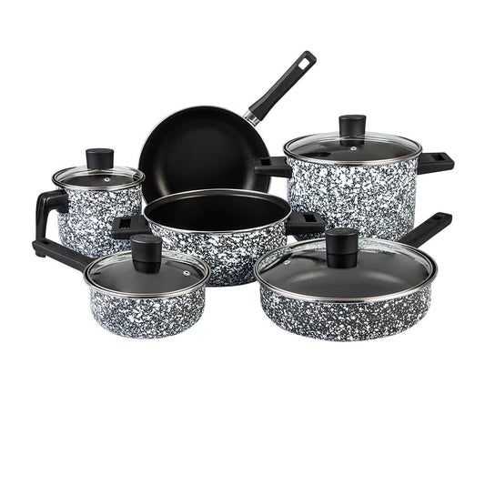Cinsa Batería de cocina Granito Blanco con Negro 10 piezas, Peltre pesado con antiadherente, Tapas de vidrio templado. (Blanco con negro)
