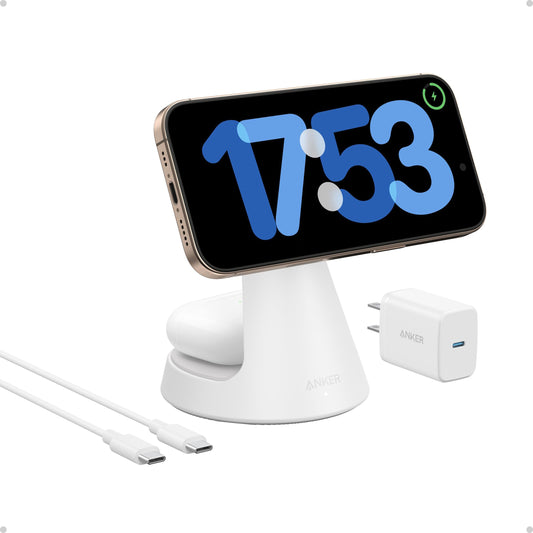 Anker Estación de Carga Inalámbrica 15W, Soporte 2 en 1, Carga Rápida Qi2, Sistema de Carga Dual, Conexión Magnética Segura, Ángulos Ajustables, Diseño Elegante para iPhone 15 Pro y Auriculares TWS