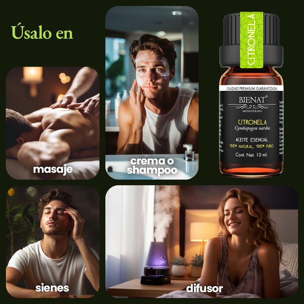BIENAT AROMATERAPIA Aceite Esencial de Citronela 10mL | 100% Puro y Concentrado | Ideal para Difusor de Aromas, Humidificador, Aromaterapia, Masajes, Meditación, Jabones y Velas | Esencia Natural en Gotas