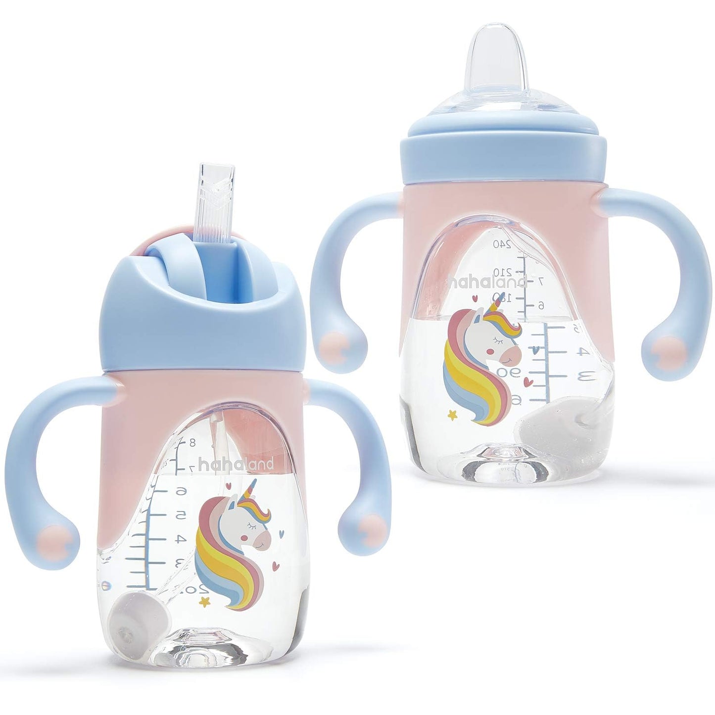 hahaland - Vasos para sorbos para niños pequeños, 1-3 2 en 1, con boquilla de unicornio y taza para sorber