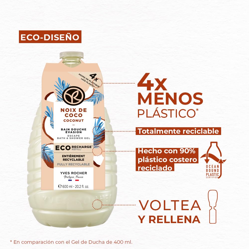 YVES ROCHER - Set Eco-Refill Gel de Ducha Coco, Todo Tipo de Piel, Fórmula Vegana, Incluye 2 Geles 600 ml c/u