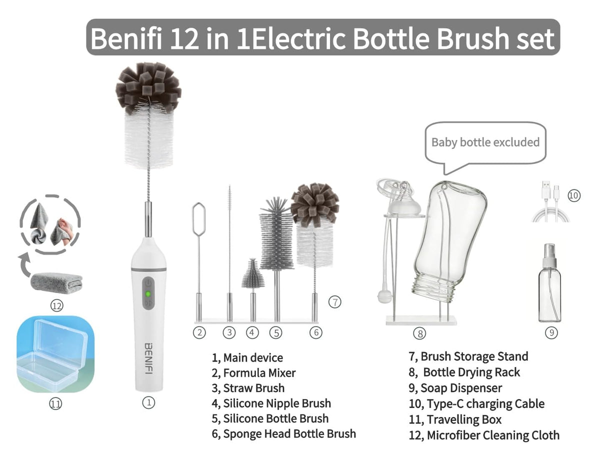 Benifi Electric Bottle Cleaner Pro, cepillo para polvo 11 en 1, estante de secado, cepillo para polvo de botella de esponja, limpiador de botellas de silicona, mezclador de fórmula, cepillo para polvo