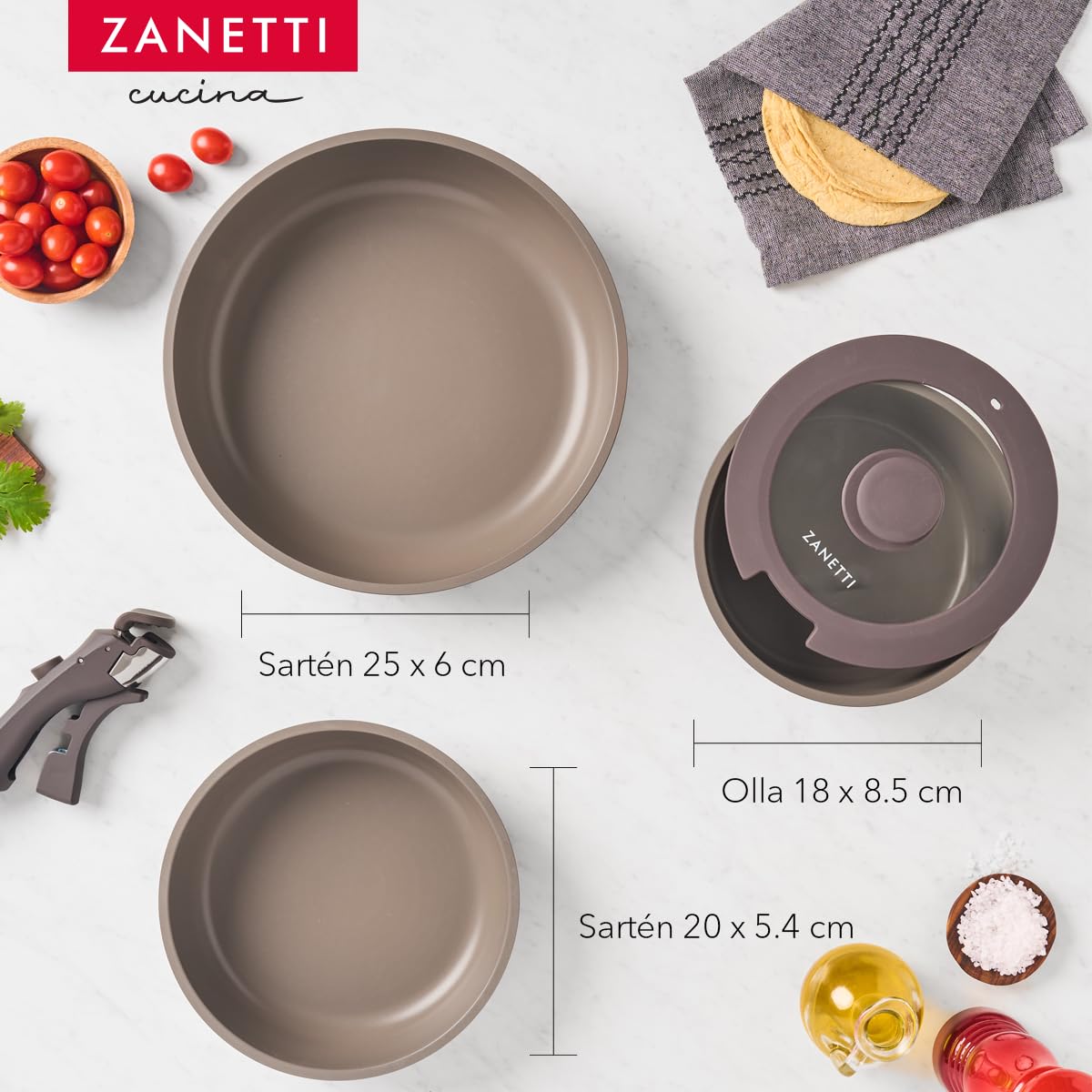 Juego de Cocina Zanetti Gris con Recubrimiento Antiadherente de Granito y Tecnología Italiana