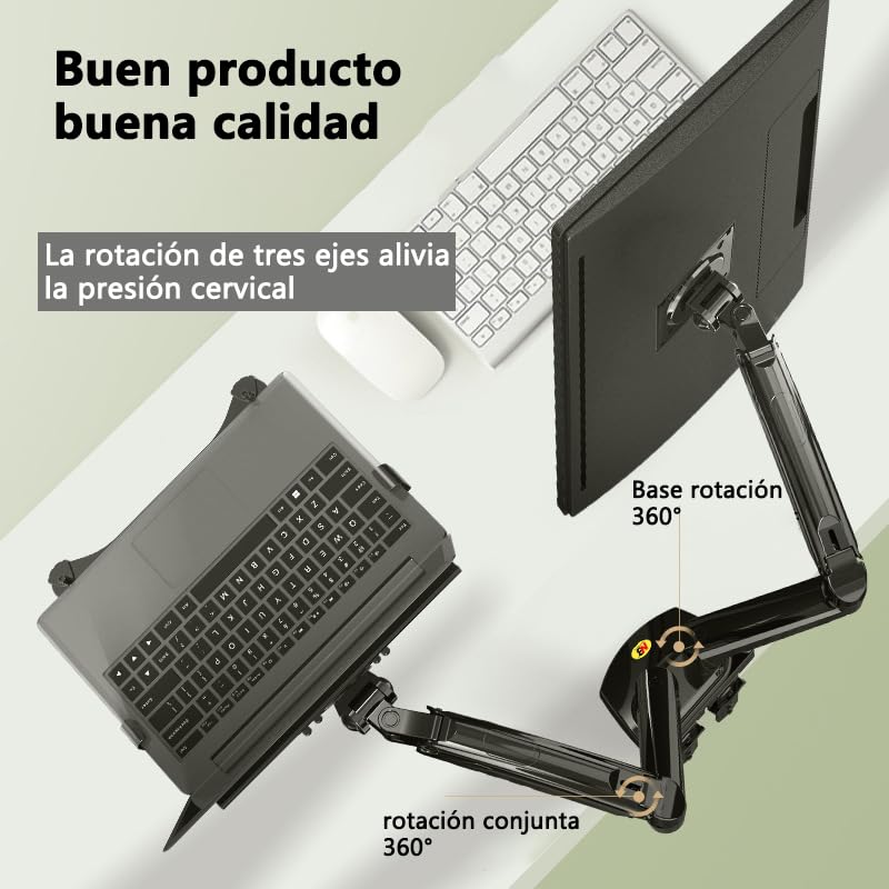 Soporte para Monitor y Laptop MORNWELL Negro con Brazos Hidráulicos para Pantallas de 17 a 27 Pulgadas y Bandeja Ajustable para Portátil de 10 a 17 Pulgadas