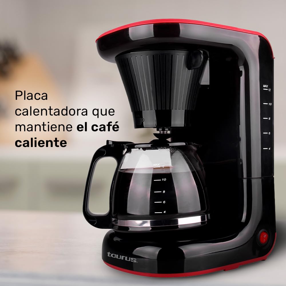 TAURUS VELVET, Cafetera de Goteo 1.2 L, 700 W, Placa Calefactora, Filtro Permanente Lavable y Reutilizable, Café Siempre Caliente