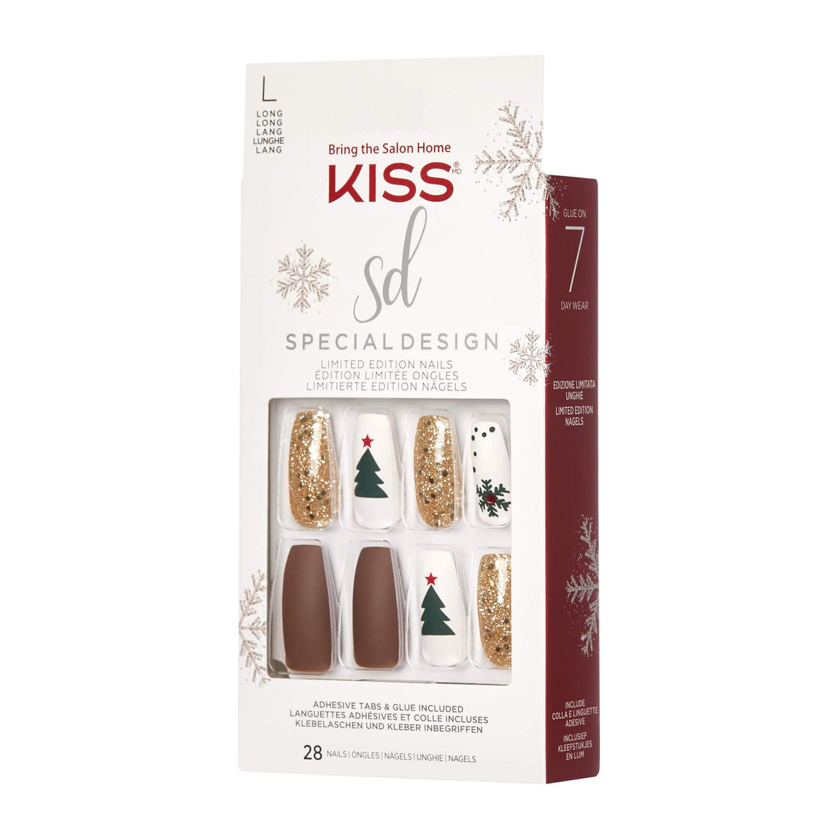 Edición limitada de uñas postizas navideñas de diseño especial, estilo 'suéter abultado', ataúd largo multicolor, con 24 pestañas adhesivas, pegamento para uñas, lima pequeña, palito de manicura y 28