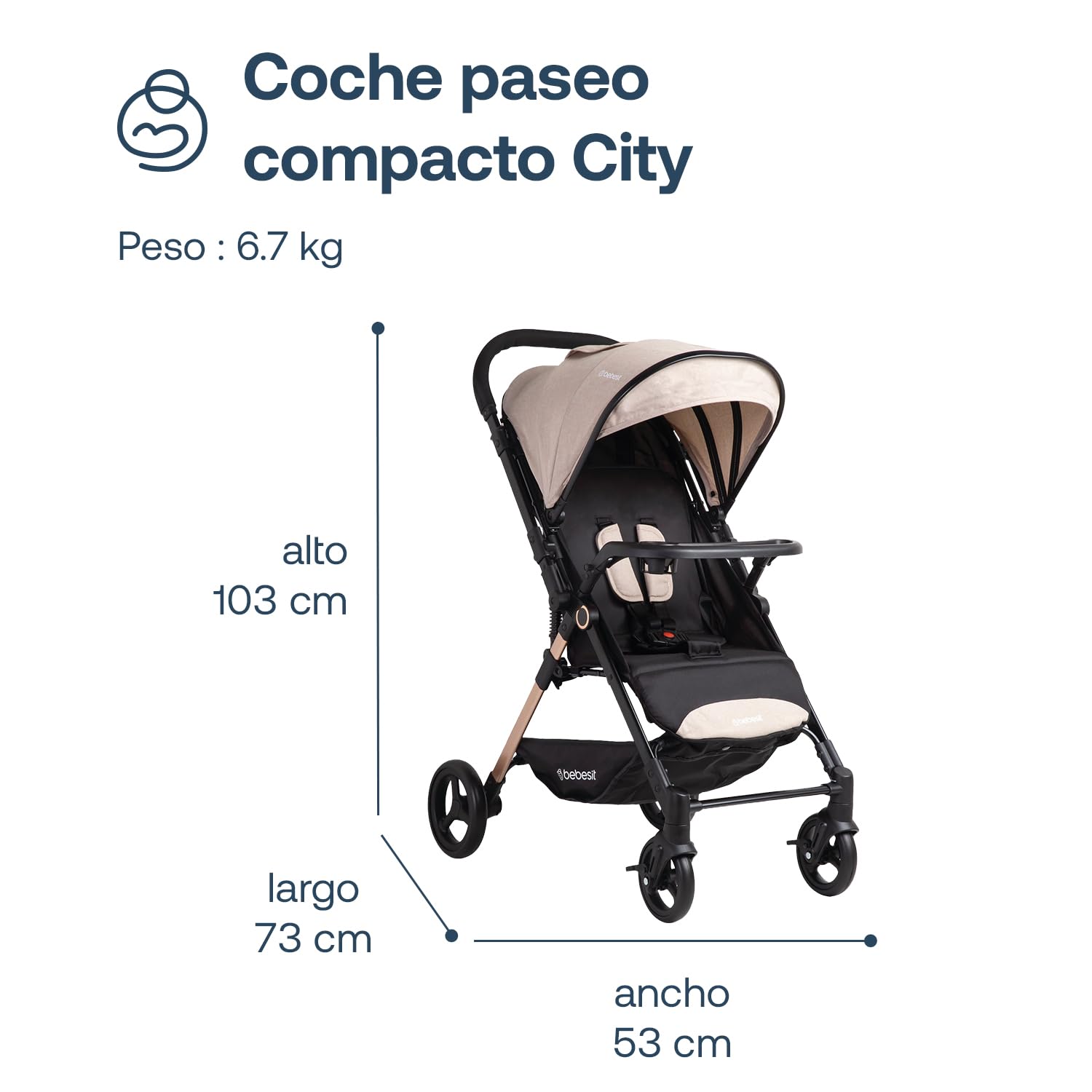 Bebesit Carriola City | Cochecito Compacto | Multi Posiciones de Reclinado | Moisés Convertible | Cinturón de seguridad de 5 puntas | Confort para Bebés