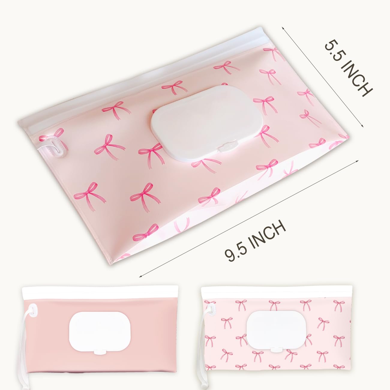 eoscasely - Dispensador de toallitas y contenedores, paquete de 2 soportes reutilizables para toallitas y fundas de viaje, bolsa recargable para artículos esenciales para bebés, diseño de rubor y lazo