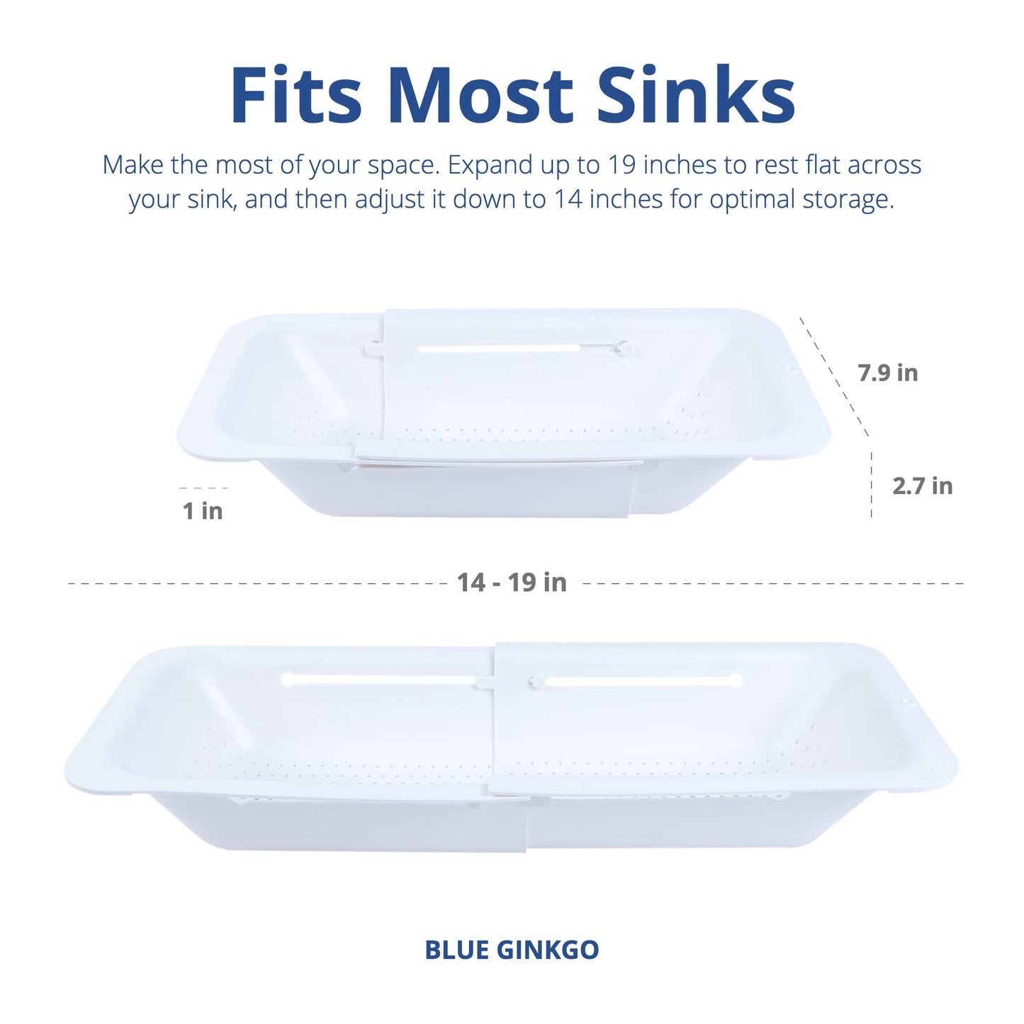 Blue Ginkgo's Ajustable Over the Sink Colander- Premium Extendable Strainer for Kitchen - Food Grade PP, Durable and Sturdy (White)