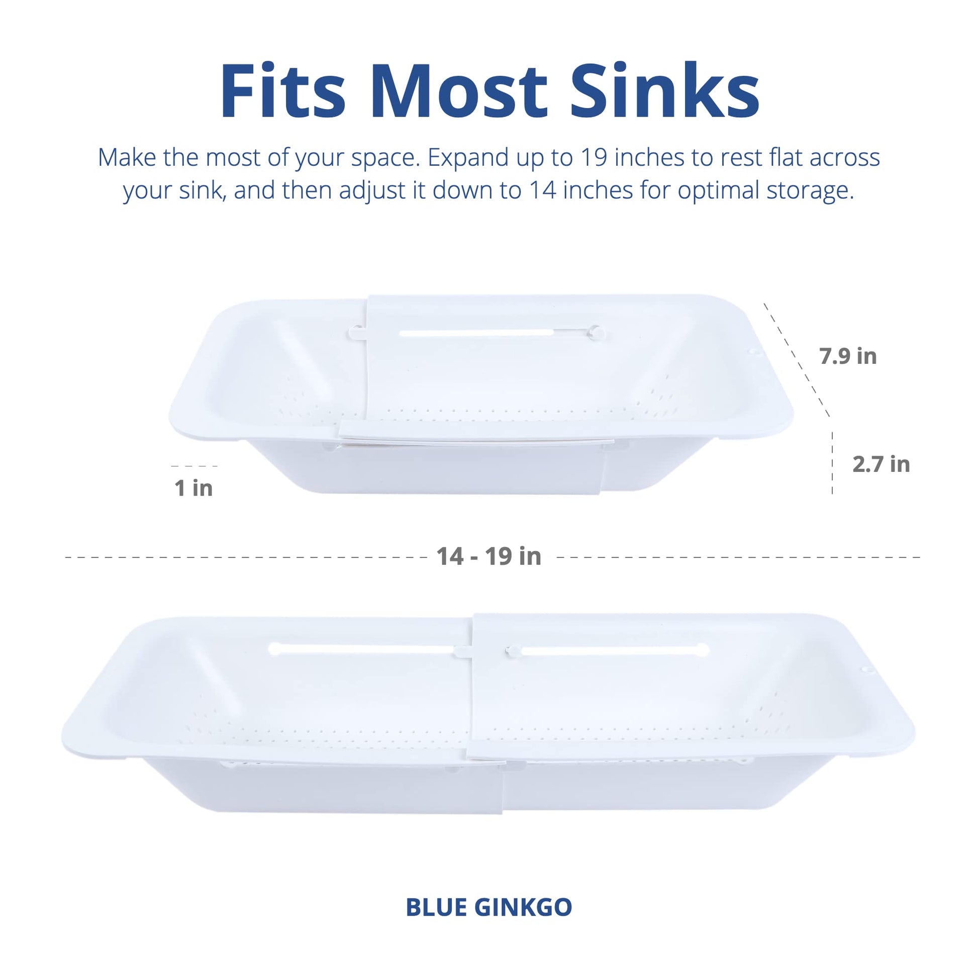 Blue Ginkgo's Ajustable Over the Sink Colander- Premium Extendable Strainer for Kitchen - Food Grade PP, Durable and Sturdy (White)