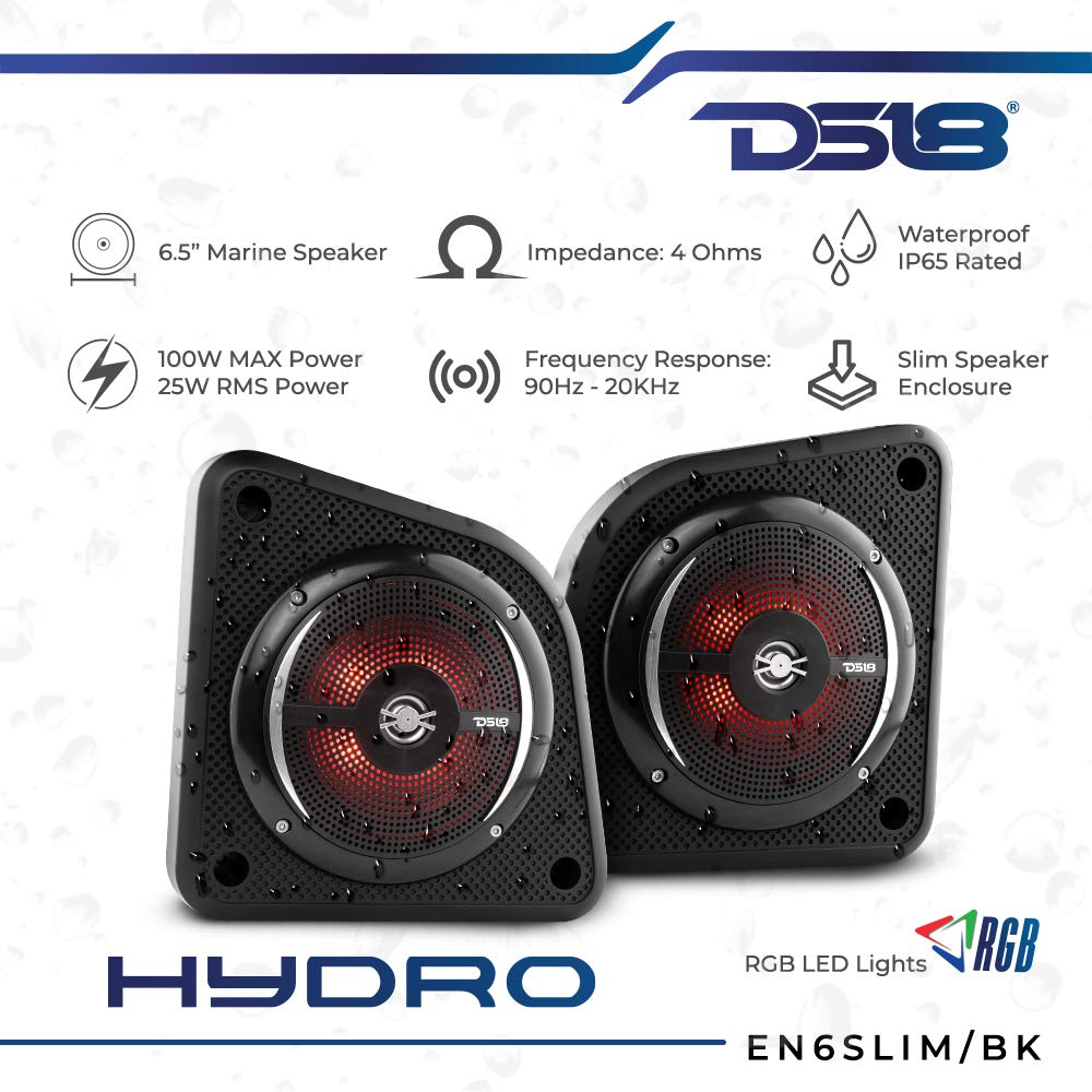 DS18 EN6SLIM/BK Caja de Altavoz Universal de 2 vías de 6.5 Pulgadas, iluminación LED RGB integrada, para Todos los Elementos, UTV, ATV y Jeeps, Carcasa Poco Profunda con Altavoces Resistentes al Agua