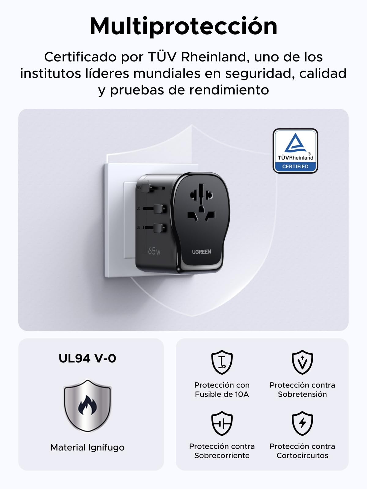 Adaptador Universal de Viaje UGREEN Blanco 65W con 3 Puertos USB y Enchufes Intercambiables