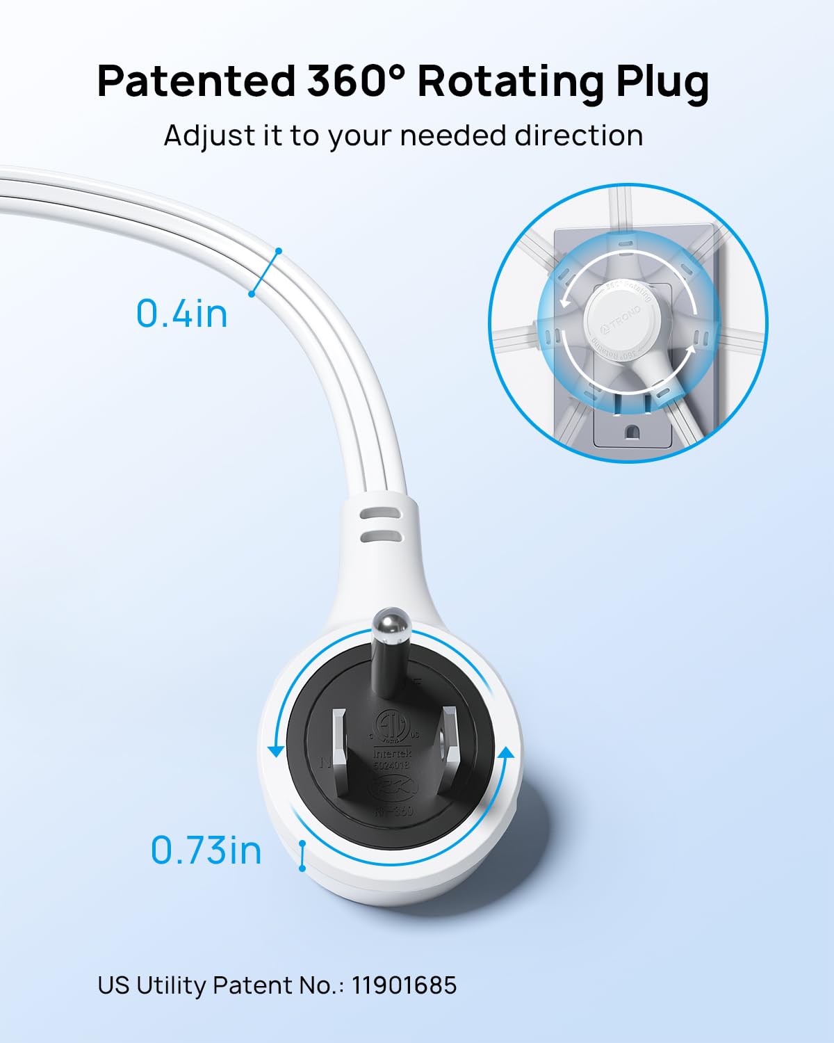TROND Cable de Extensión 6 Pies - Enchufe Giratorio 360°, Tomas de 3 Puntas con Tierra, 13A, Cable SPT 16/3 AWG, Ideal para Hogar, Oficina, Cruceros y Viajes, Blanco.