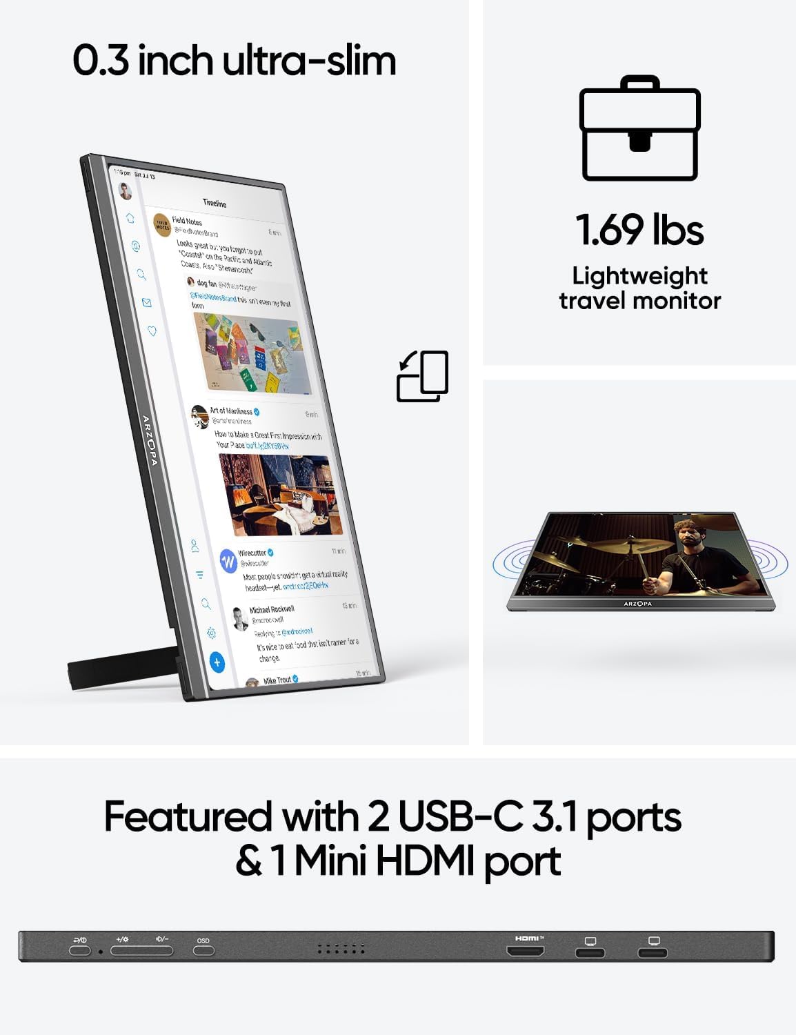 Monitor Portátil ARZOPA 17.3 Pulgadas 1080P FHD IPS Soporte Integrado HDMI USB C Pantalla Externa Gaming con Altavoces Duales