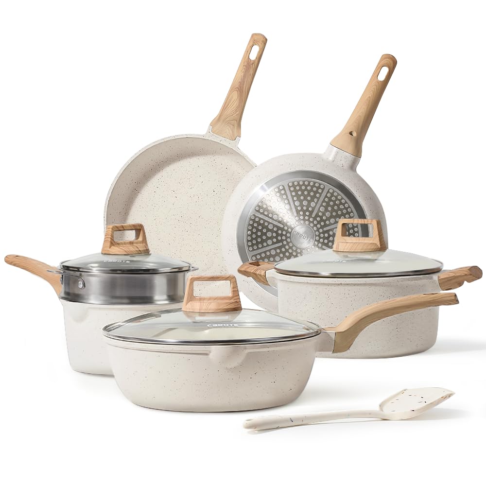 CAROTE Juego de ollas y sartenes antiadherentes, juego de utensilios de cocina de inducción de granito color blanco, 10 piezas con sartenes y cacerolas (PFOS, libre de PFOA)