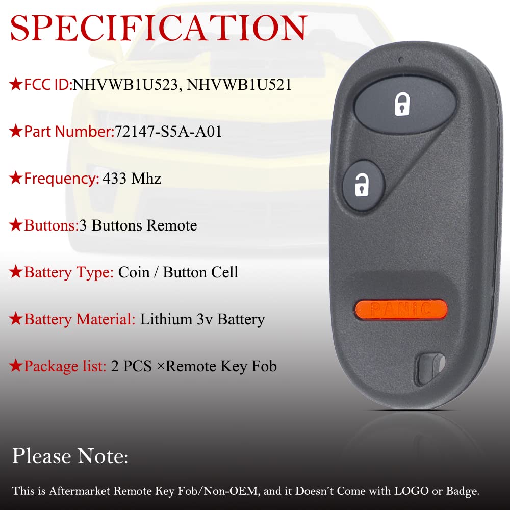 MechanMagic - Llave de repuesto para Honda Civic DX EX LX/Honda Pilot 2001 2002 2003 2004 2005 2006 2007 NHVWB1U523 Control remoto de entrada sin llave NHVWB1U521 72147-S5A-A01 (paquete de 2 (paquete