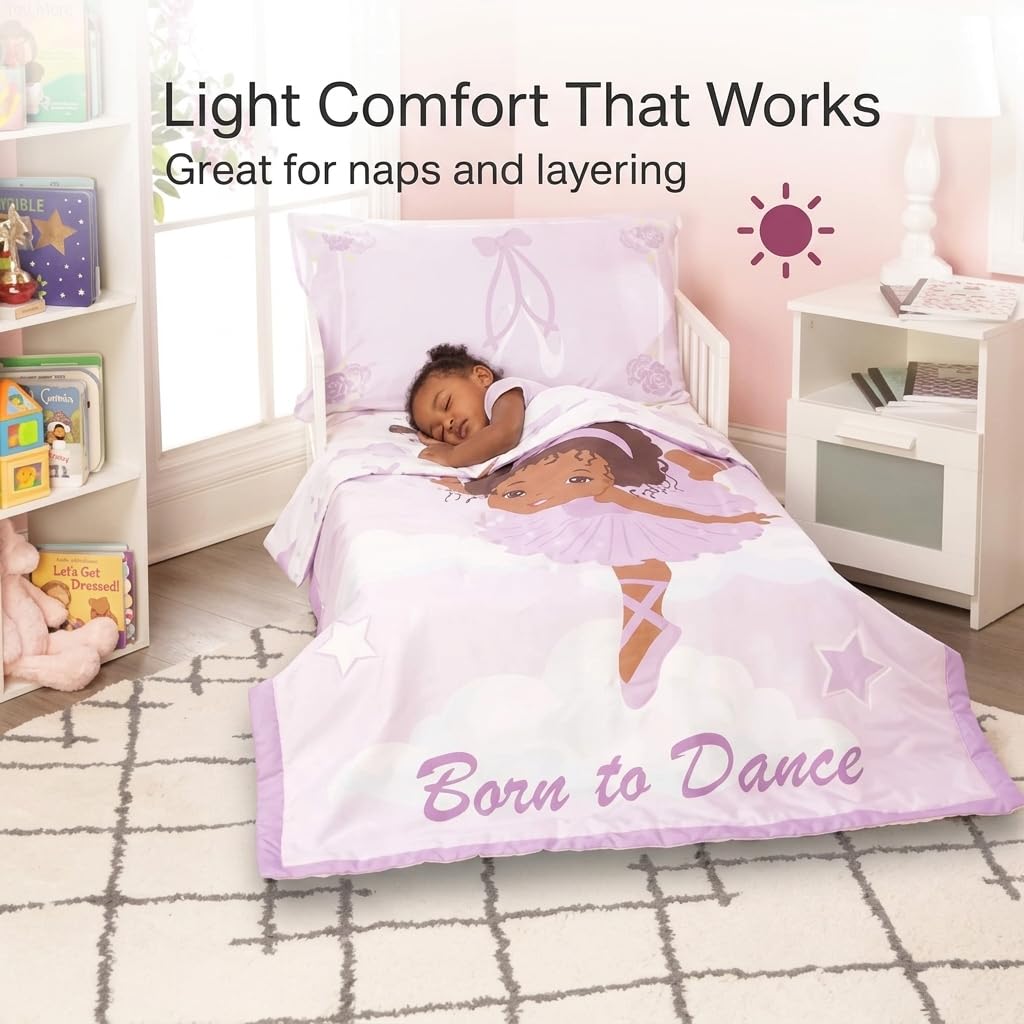 EVERYDAY KIDS - Juego de ropa de cama de 4 piezas para niños, bailarina afroamericana, incluye edredón, sábana encimera, sábana bajera ajustable y funda de almohada reversible, ropa de cama para niñas