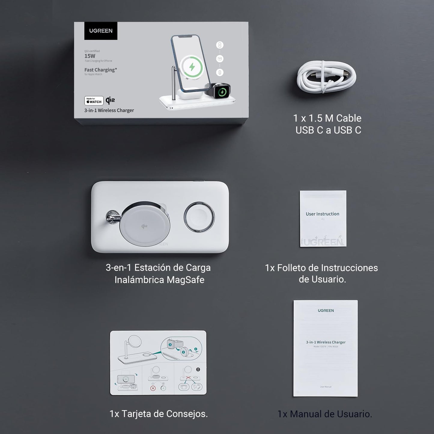 Cargador Inalámbrico 3-en-1 UGREEN Blanco MagSafe 25W Carga Rápida para iPhone, iWatch y AirPods