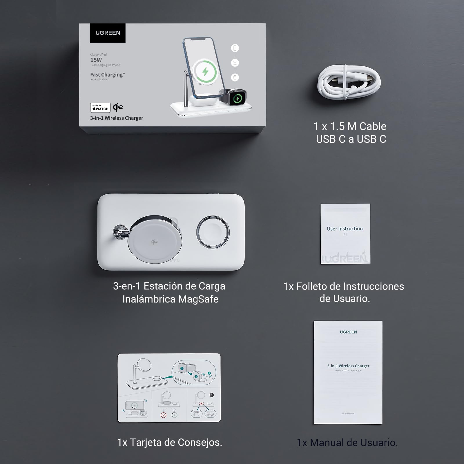 Cargador Inalámbrico 3-en-1 UGREEN Blanco MagSafe 25W Carga Rápida para iPhone, iWatch y AirPods