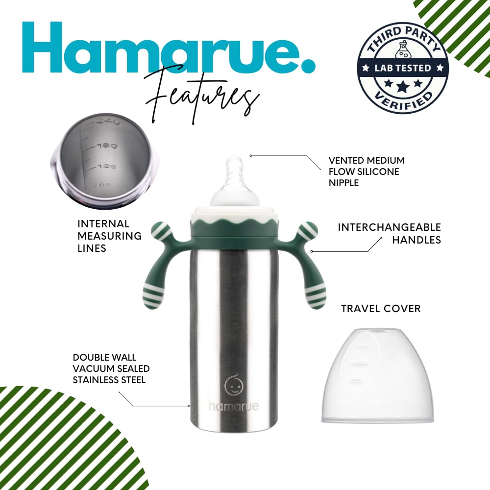Hamarue Vaso De Acero Inoxidable 3 En 1 De Lujo Para Bebés Y Niños Pequeños | Transferencia De Líquidos Sin Plástico Tóxico | Vaso Y Biberón Con Pajita | Aislamiento A Prueba De Fugas (Verde, 177 Ml)