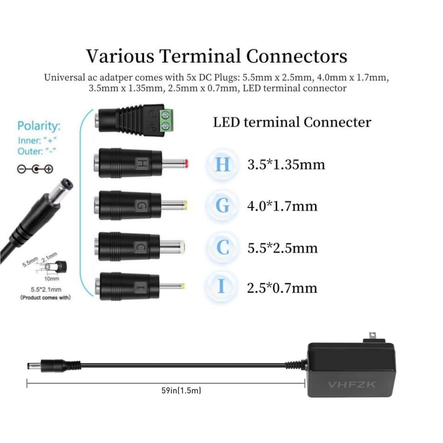 VHFZK 24V 1.5A 1A 0.5A Power Adapter 100V-240V 24 Volt Power Supply Cord DC to AC with 5 Selectable Plugs, DC24V Transformer for LED Strip Light, CCTV Camera, Essential Oil Diffuser, Massage Gun