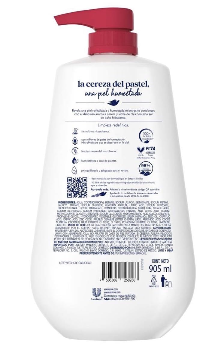Dove Revitalize Gel de Baño, Cereza y Leche de Chía, 24 Hr MicroMoisture, sin Sulfatos ni Parabenos, 905 ml
