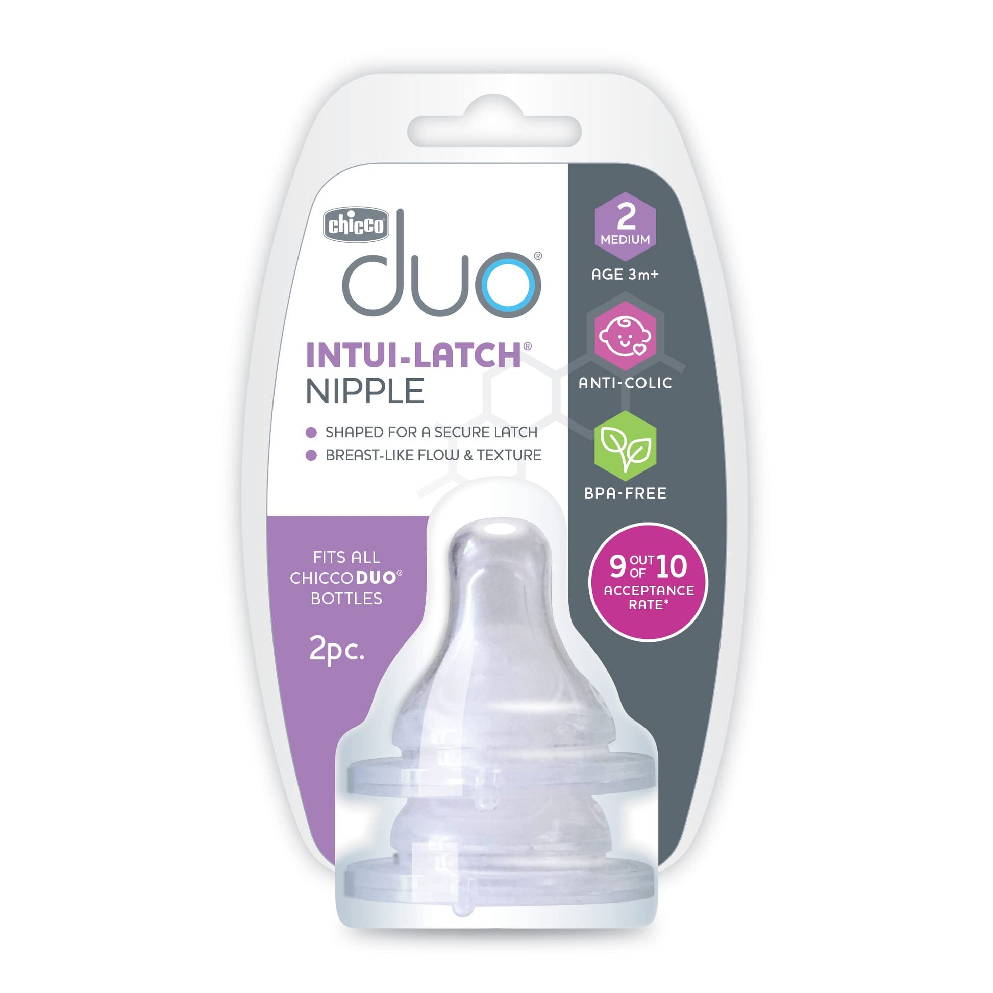 Chicco Duo - Pezón de biberón Intui-Latch 100% silicona con válvula anticólicos | Textura similar a la piel y flujo similar a los pechos | Etapa 2, flujo medio | 2 unidades | Más de 3 meses