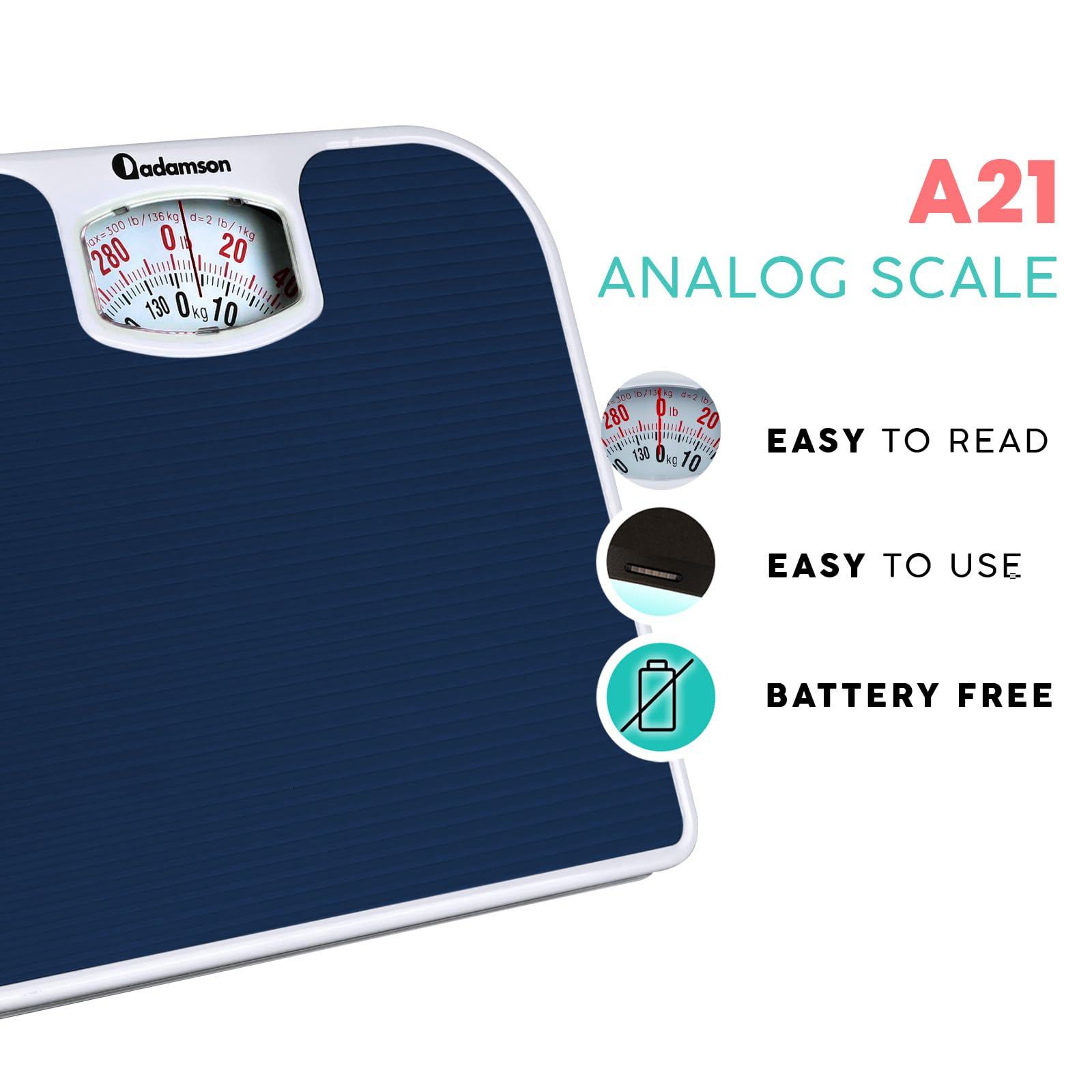 Adamson - Báscula analógica A21 para peso corporal, hasta 300 libras, nueva versión, superficie de goma antideslizante, números grandes, báscula de baño analógica, asequible, duradera con garantía de