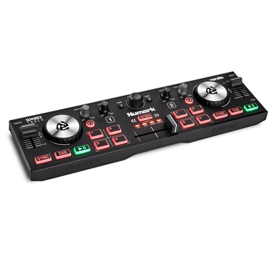 Numark DJ2GO2 Touch - Mini controlador DJ USB, 2 decks para Serato DJ con mezclador/crossfader, interfaz de audio y jog wheels de sensibilidad táctil