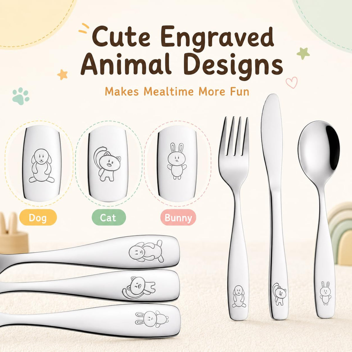 Exzact Stainless Steel 18 Pieces Childrens Flatware/Kids Silverware/Cutlery Set - 6 x Safe Forks, 6 x Safe Table Knives, 6 x Tablespoons - Safe Toddler Utensils (Engraved Dog Cat Bunny)