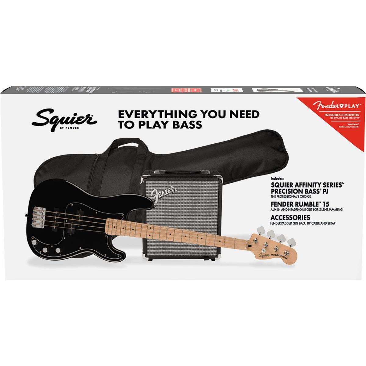 Affinity Series Precision Bass PJ Pack, Maple Fingerboard, Black, Gig Bag, Rumble 15-120V