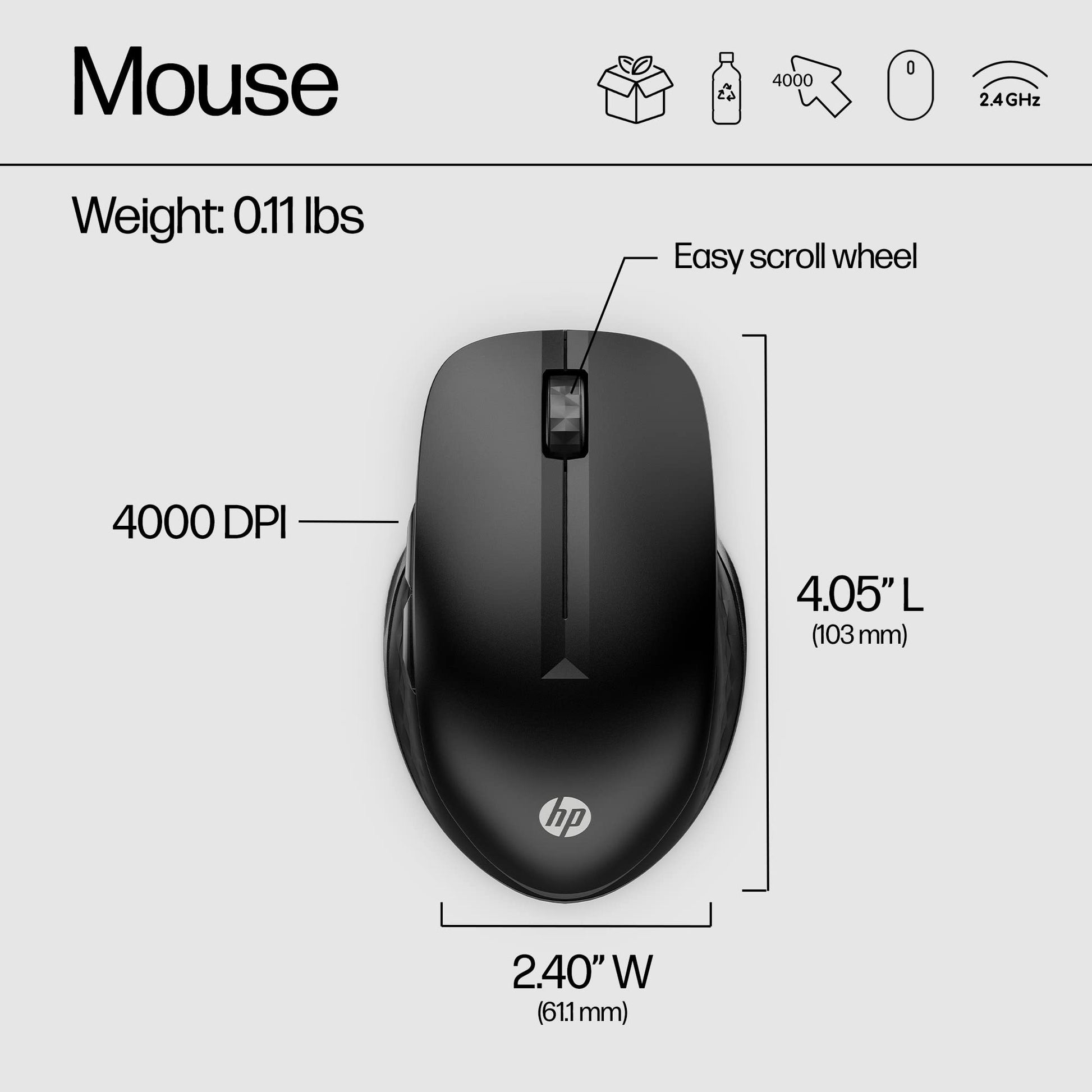 HP Mouse Inalámbrico 430, Multi-Dispositivo, Conexión Hasta 10 metros, 2.4 GHz, 800 DPI - 4000 DPI, Windows/MAC OS, Ambidiestro, Negro