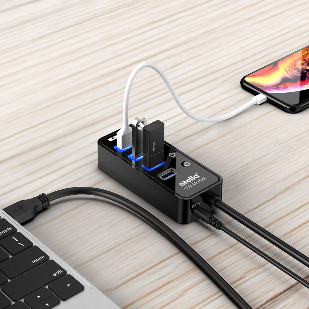 ATOLLA Hub USB 3.0 5 en 1, 4 Puertos Super Speed 5Gbps Multi USB Hub con Interruptor Independiente con 1 Puerto de Carga USB (Longitud del Cable 0,6 Metros, sin Adaptador de CA)