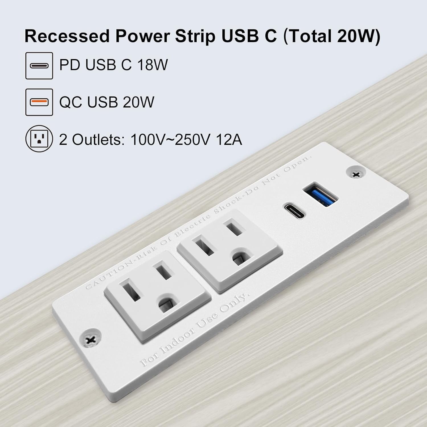 Tira de alimentación empotrada USB C de 4 hojas, estación de energía de computadora de carga rápida, 2 tomacorrientes, 2 USB (PD20W y QC18W, total 20W), enchufe plano montable, cable de extensión de