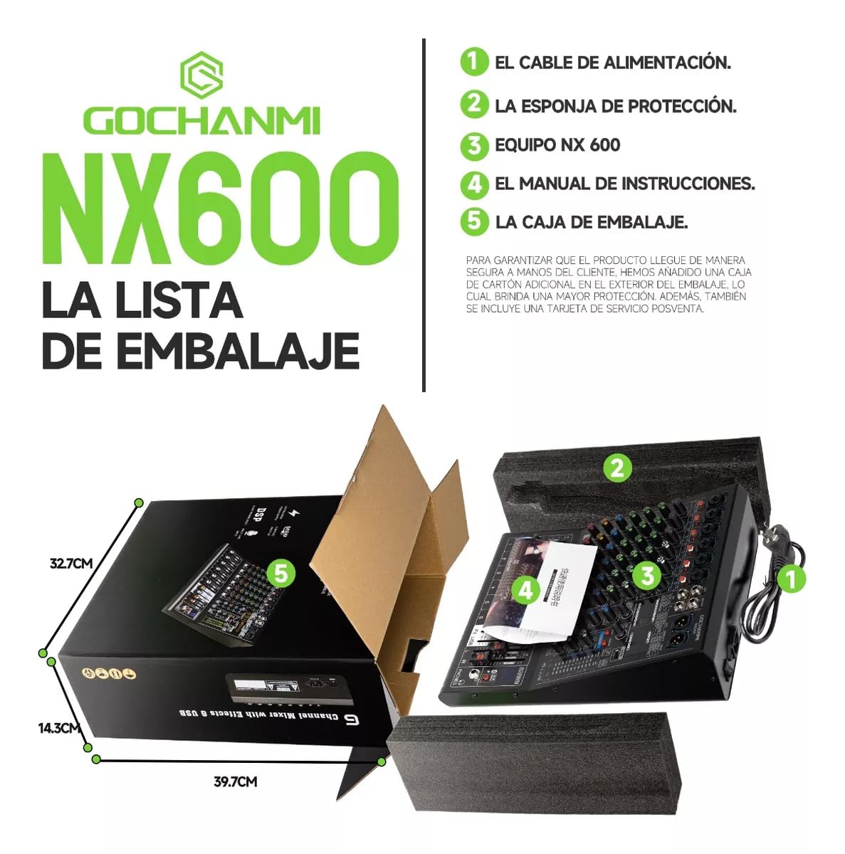 GOCHANMI NX600 Mezcladora de Audio 6 Canales 99 DSP Efectos Preamplificador Mixer USB Interfaz Bluetooth con independiente 48V Alimentación Fantasma y un ecualizador de 7 segmentos