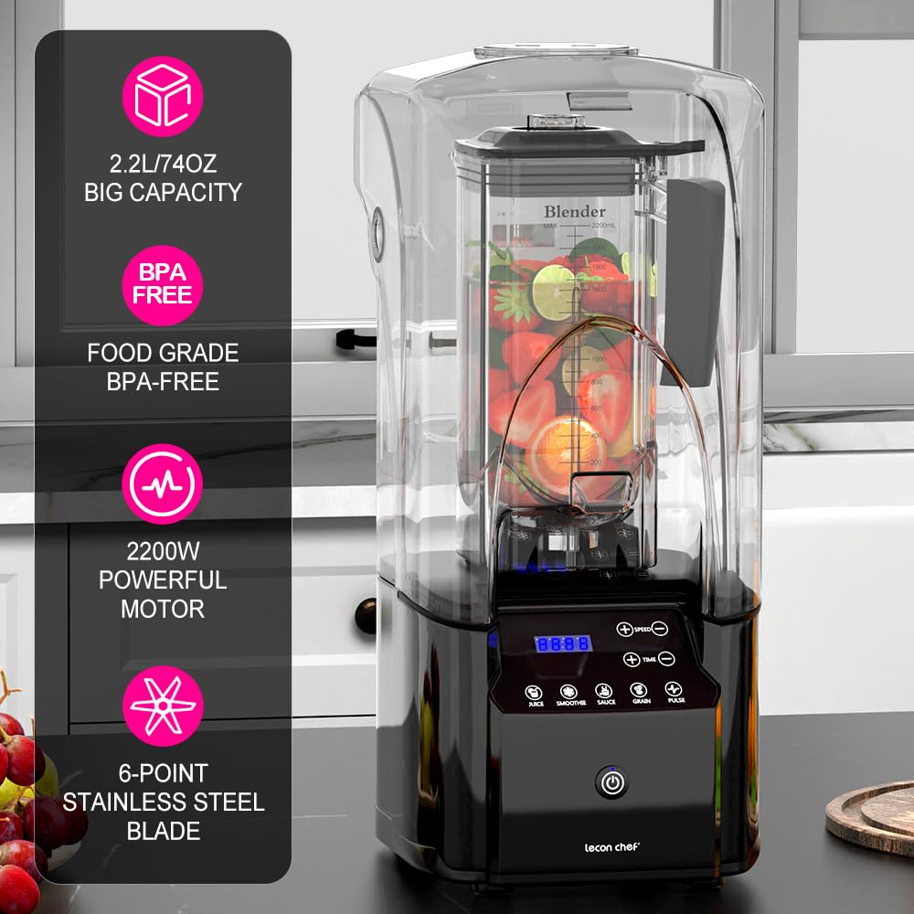 Lecon Chef - Licuadora de escudo silencioso comercial de 2200 W, batidora industrial profesional, color negro, 2.2 l/72 onzas, sin BPA, para triturar hielo, batidos y batidos para cocina