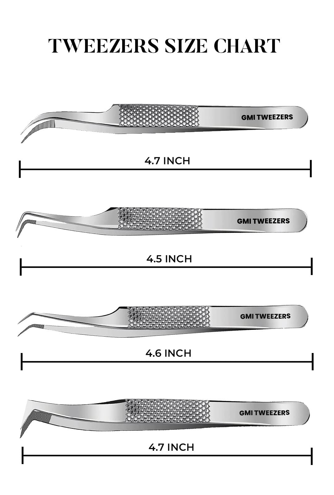 GMI Pinzas para pestañas – Paquete de 4 pinzas para extensión de pestañas de punta de fibra de acero inoxidable