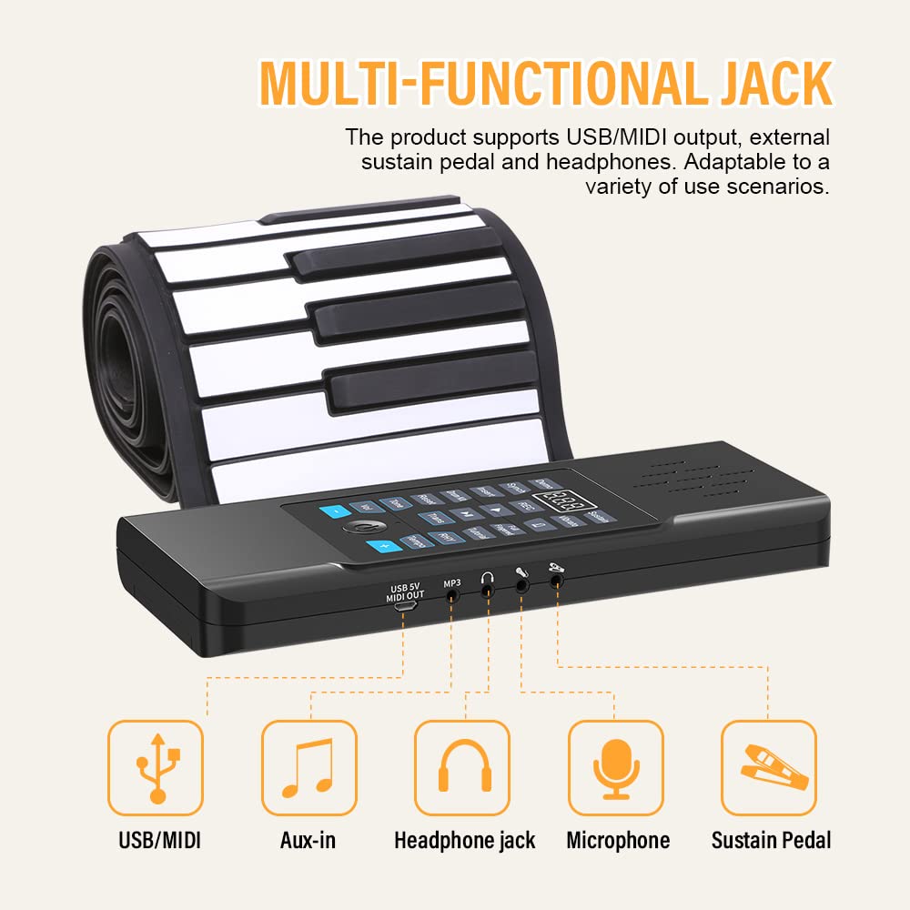 KONIX - Piano enrollable de 88 teclas, teclado portátil recargable actualizado, 128 ritmos, 128 tonos, piano de teclado desplegable con visualización LED, función MIDI, el mejor regalo para niños y principiantes
