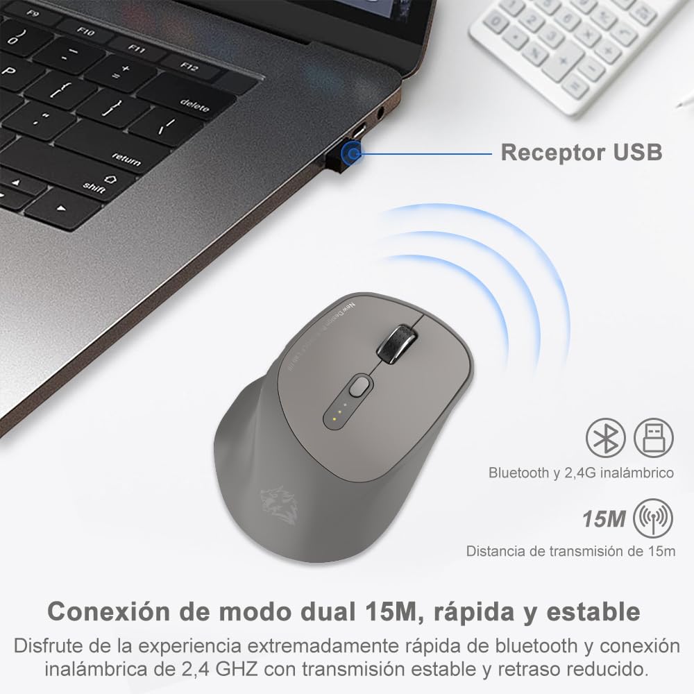 Free wolf X7 Mouse Inalámbrico, Mouse Bluetooth/2.4G Modos Dual, Ratón Recargable y Ergonómico con Indicador de Batería, Click Silencioso, para Computadora, Portátil, Tableta, Teléfono (Negro)