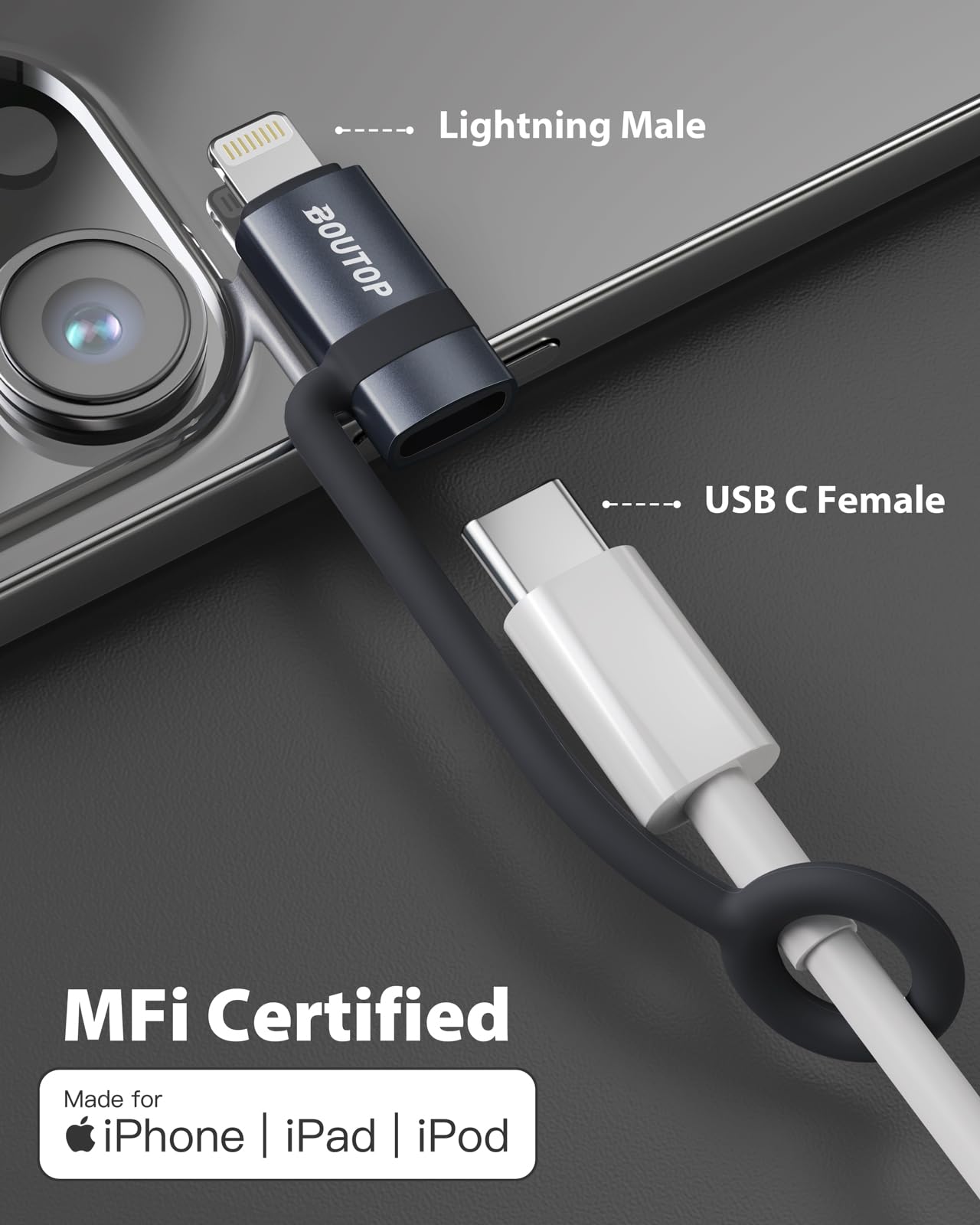 BOUTOP [Certificado MFi] Adaptador USB C a Lightning, tipo C a adaptador Lightning compatible con 36 W PD de carga rápida compatible con iPhone iPad Gris Oscuro, paquete de 3