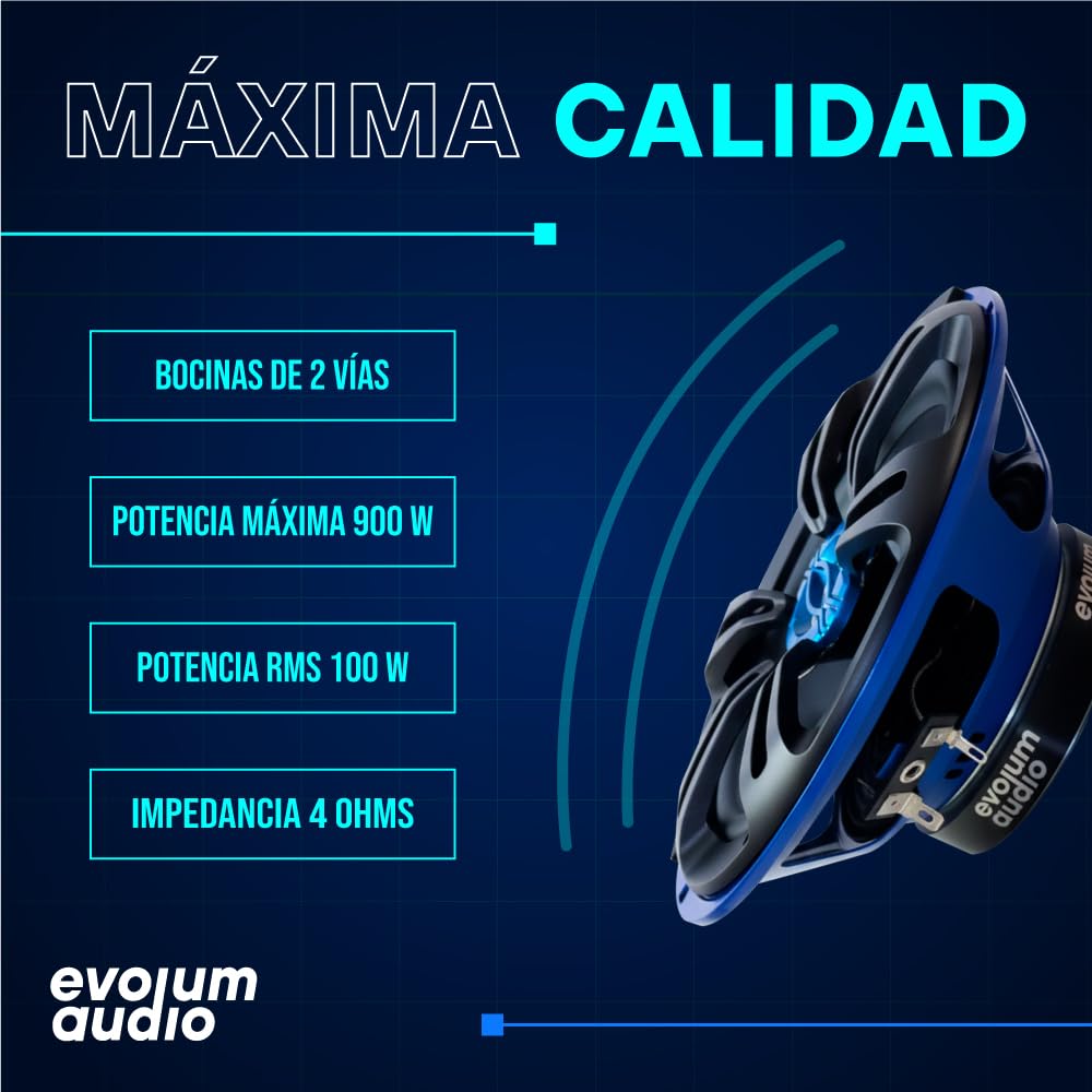 Evolum Audio - Kit Bocinas 2 Vías - Sonido Claro y Potente - Potencia RMS de 100 W - Gran Volumen y Claridad sin Distorsión - Fácil Instalación & Amplia Compatibilidad - Modelo Coaxial (6.5 in)