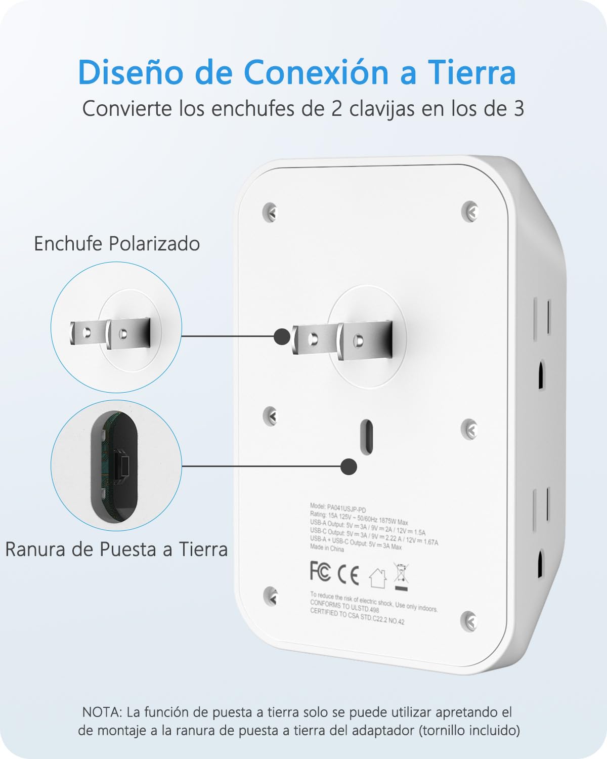 LENCENT Multicontacto Pared USB, Adaptador de Enchufe 3 a 2 Clavijas con 6 Tomas AC, Puerto PD 20W y 2 Puertos USB A, 1728J Protección contra Sobretensiones, Contactos de Pared para Hogar Oficina