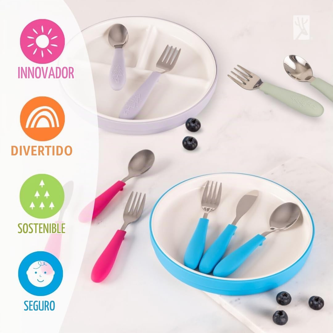 Elk and Friends Juego de cubiertos para niños con mango de silicona | Cubiertos seguros para niños | Utensilios para niños | Juego de cuchara + tenedor + cuchillo | 4 años+ | 6 piezas