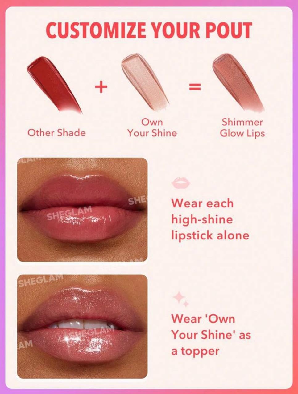 SHEGLAM Lápiz Labial Varios Tonos Efecto Espejo (Own your shine, 2.5 g)