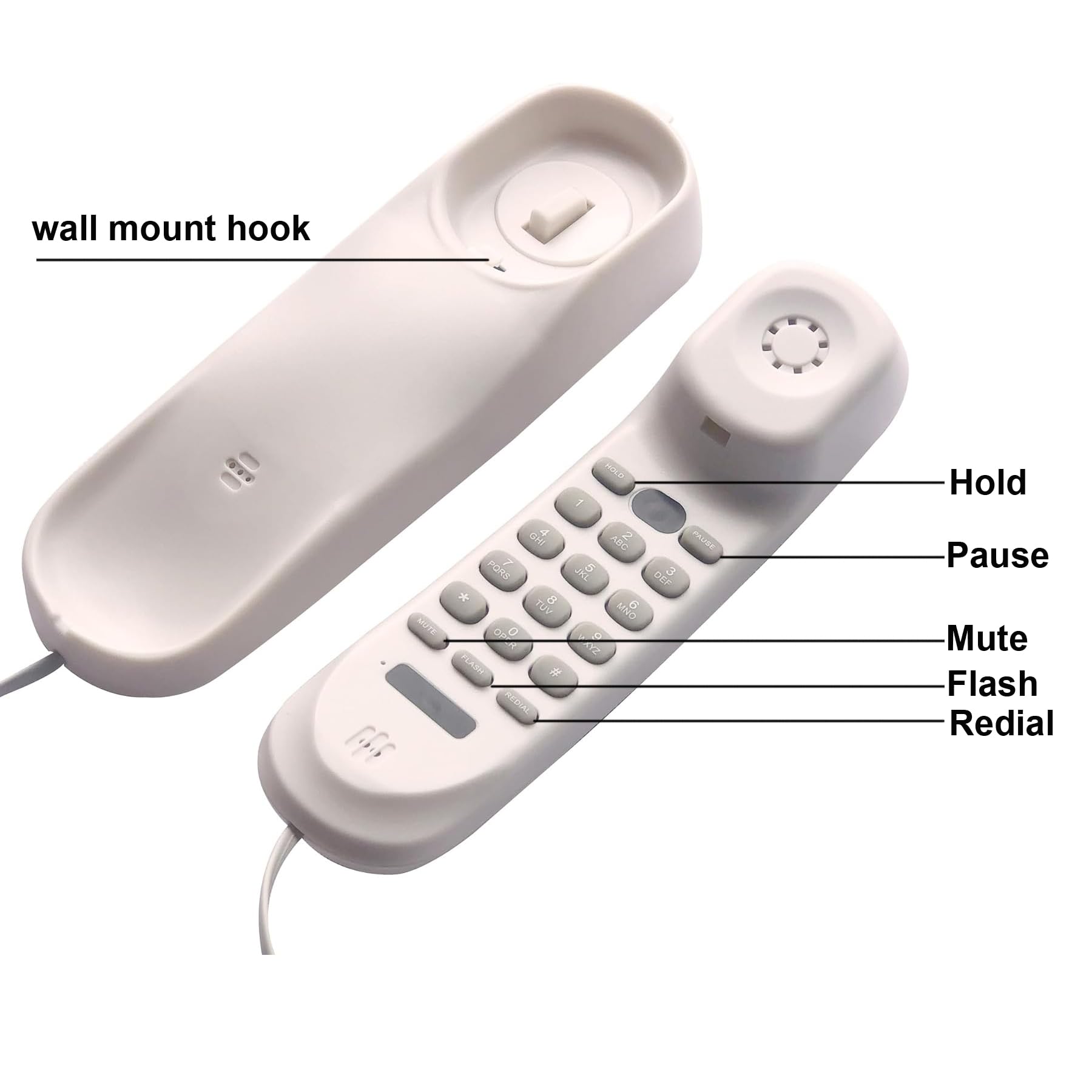 Teléfono de pared con cable blanco, TelPal pequeño teléfono de pared analógico para personas mayores, teléfonos de línea fija de un solo hilo, sin necesidad de alimentación AC o batería