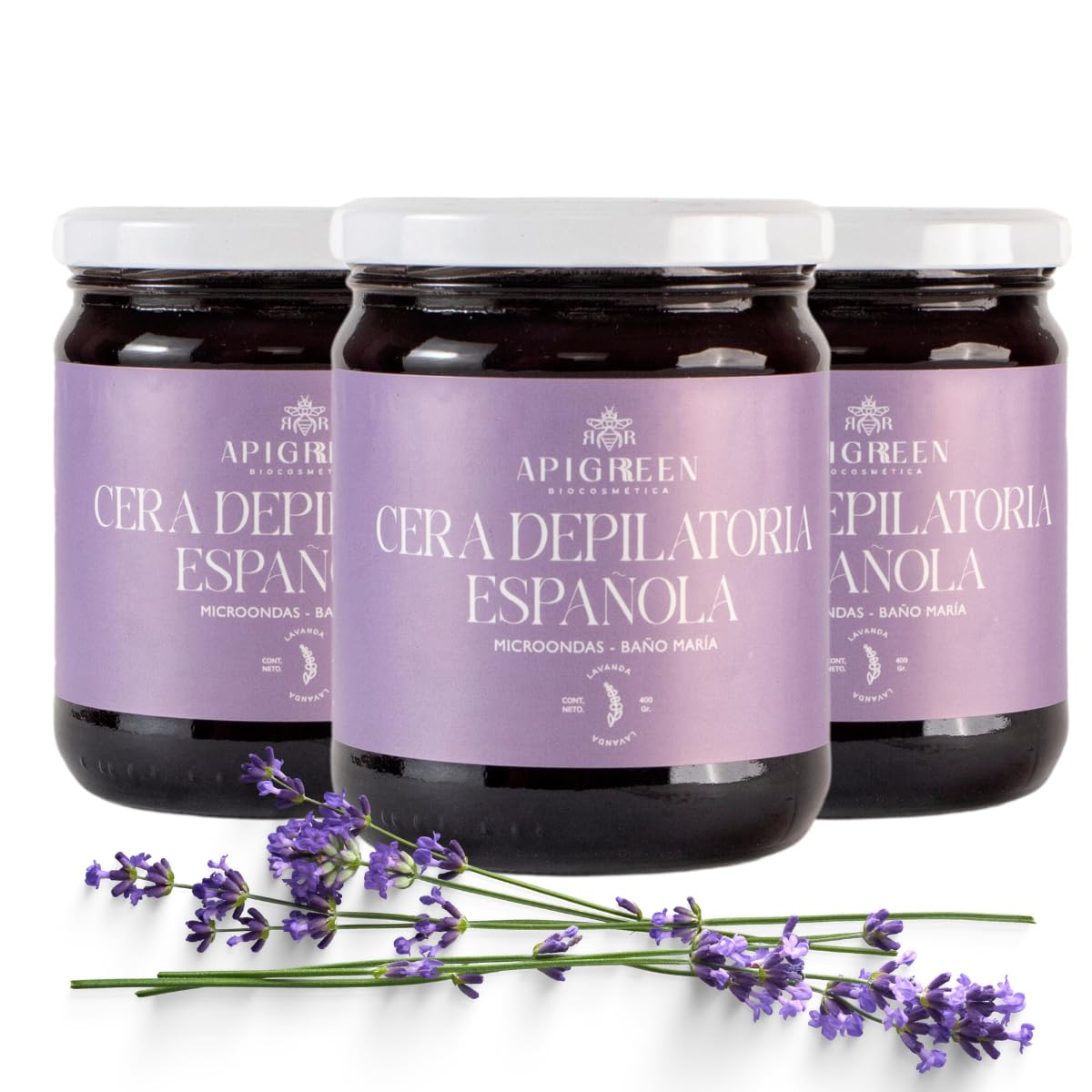 APIGREEN - CERA ESPAÑOLA DEPILATORIA (400GRS) + APLICADORES, PIEL SENSIBLE - BIKINI, ROSTRO, PIERNAS, BARBA | DEPILA SIN DOLOR | EFICAZ EN TODO TIPO DE VELLO (Lavanda)